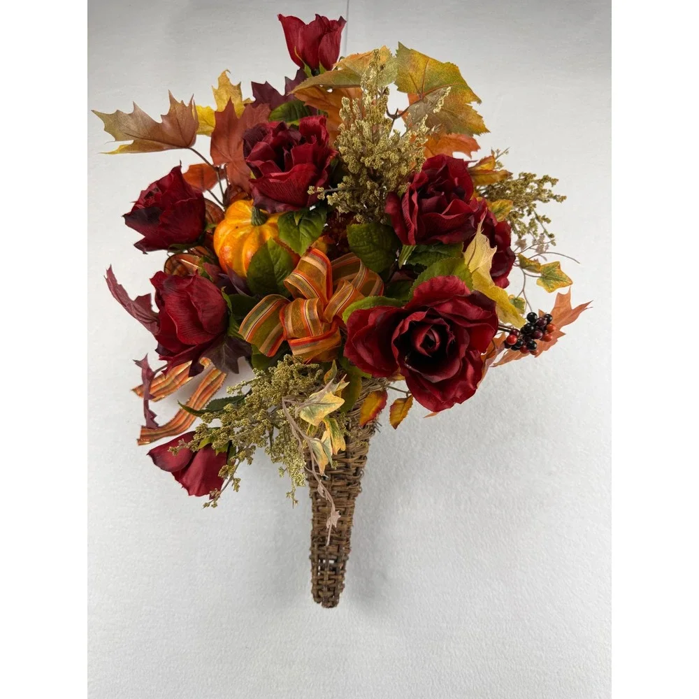 Fall Floral Cornucopia Wicker Basket Red Roses Pumpkin Harvest Decor
